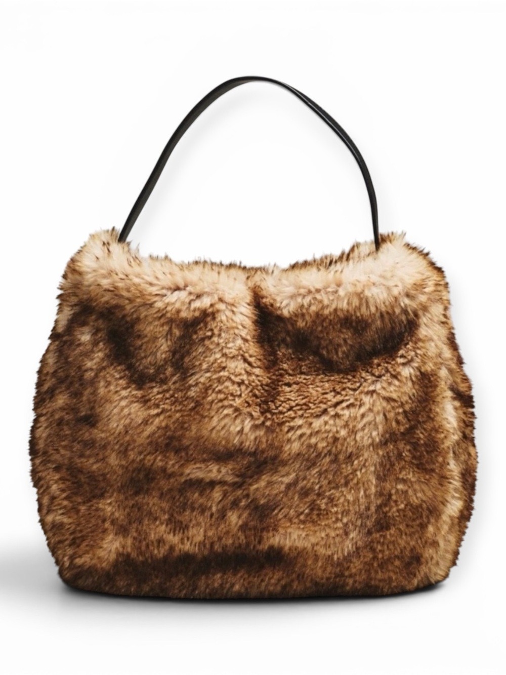 Anthropologie Brown Faux Fur Tote with Black Handles
